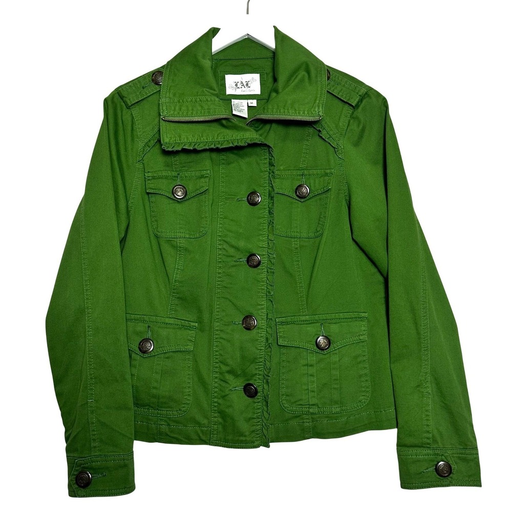 Live a Little Green Ruffle Utility Military Jacket Crest Button Coat Medium
